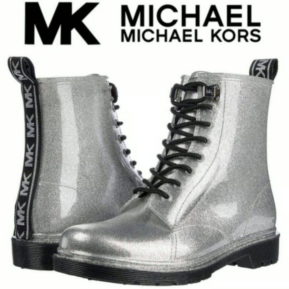 🌻MICHAEL KORS Tavie Silver Logo Tape Lug Sole Lace-Up Rain Booties, Size 10